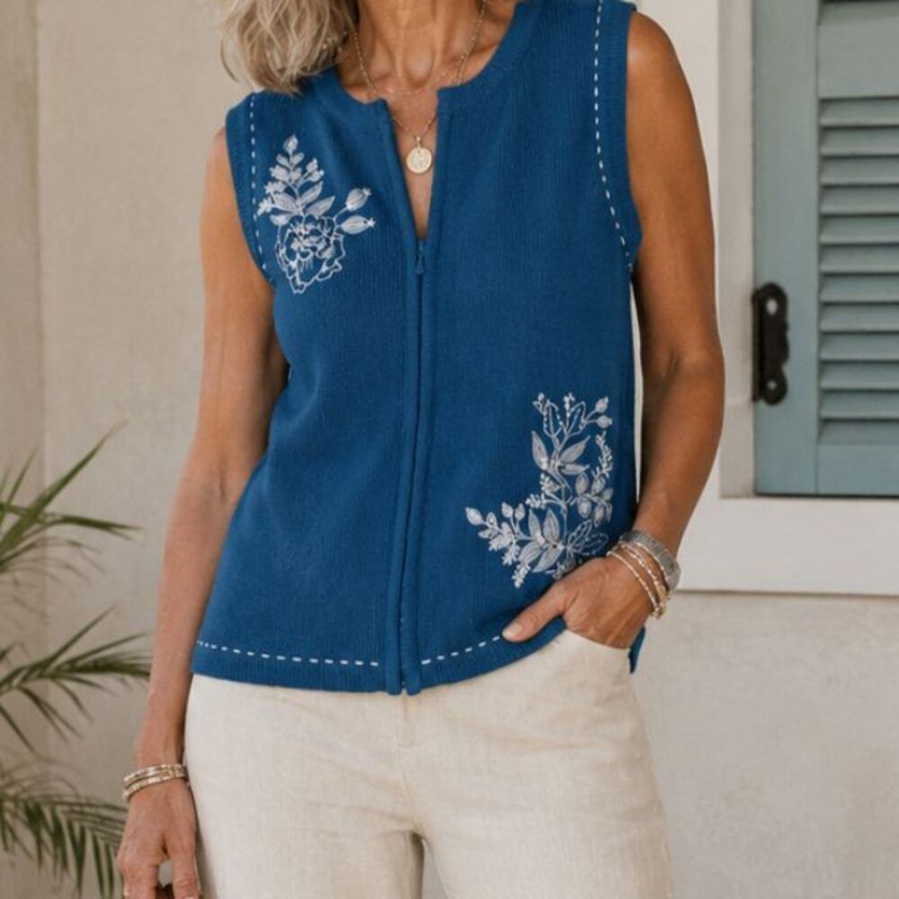 Zip up blue floral embroidered sweater vest. Size S